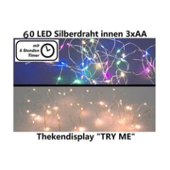 60 LED-Lichterkette, Silberdraht, ca. 6,05m, 3xAA exkl.,...